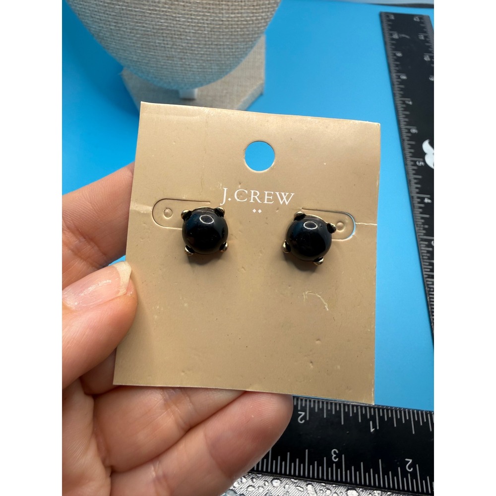 J.Crew Black Round Cabochon Stud Earrings Gold Tone Minimalist Jewelry NEW